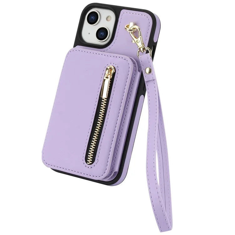 For iPhone 14 Plus Case Kickstand Zipper Pocket Leather+TPU Phone Cover