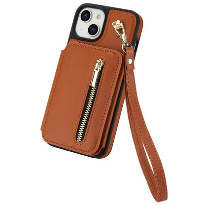 For iPhone 14 Plus Case Kickstand Zipper Pocket Leather+TPU Phone Cover