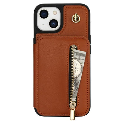 For iPhone 14 Plus Case Kickstand Zipper Pocket Leather+TPU Phone Cover