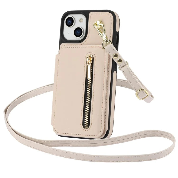 For iPhone 14 Plus Case Kickstand Zipper Pocket Leather+TPU Phone Cover