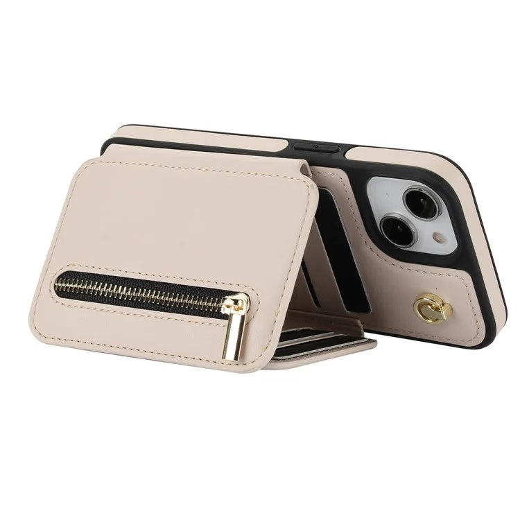 For iPhone 14 Plus Case Kickstand Zipper Pocket Leather+TPU Phone Cover