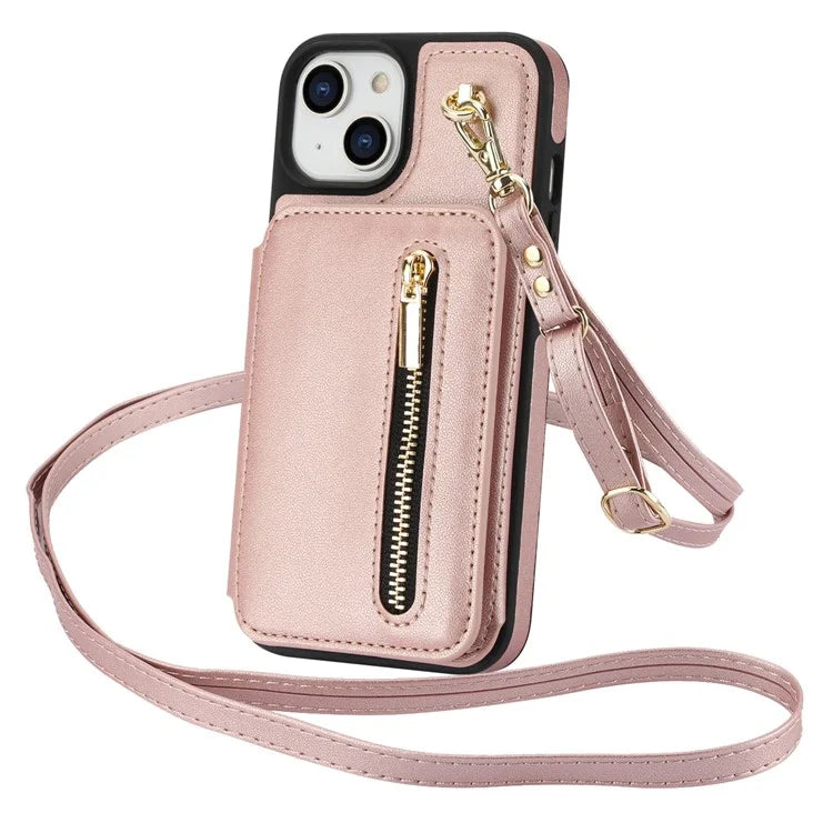 For iPhone 14 Plus Case Kickstand Zipper Pocket Leather+TPU Phone Cover