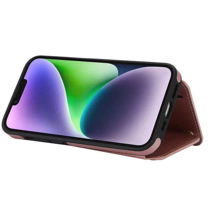 For iPhone 14 Plus Case Kickstand Zipper Pocket Leather+TPU Phone Cover