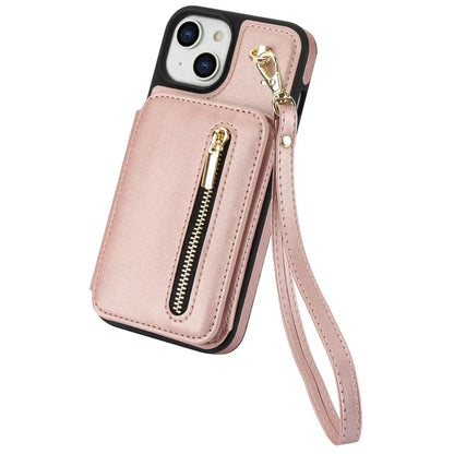 For iPhone 14 Plus Case Kickstand Zipper Pocket Leather+TPU Phone Cover