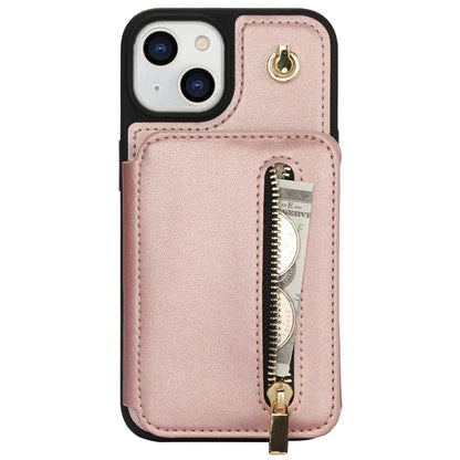 For iPhone 14 Plus Case Kickstand Zipper Pocket Leather+TPU Phone Cover