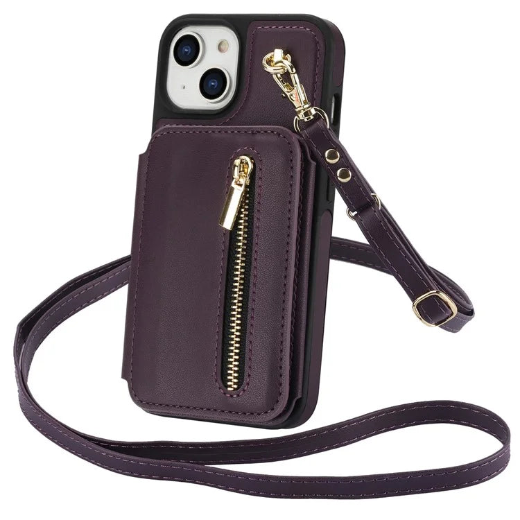 For iPhone 14 Plus Case Kickstand Zipper Pocket Leather+TPU Phone Cover