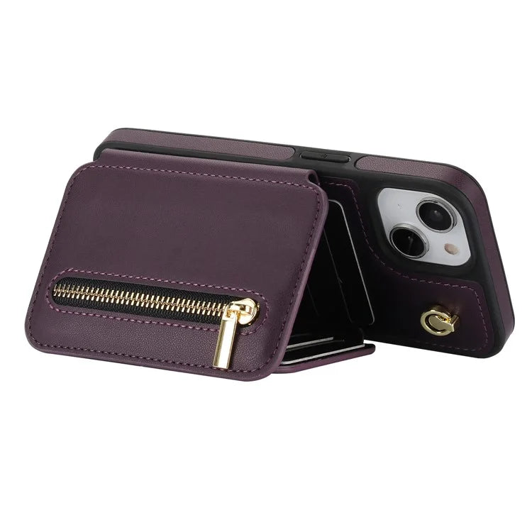For iPhone 14 Plus Case Kickstand Zipper Pocket Leather+TPU Phone Cover