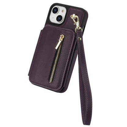 For iPhone 14 Plus Case Kickstand Zipper Pocket Leather+TPU Phone Cover