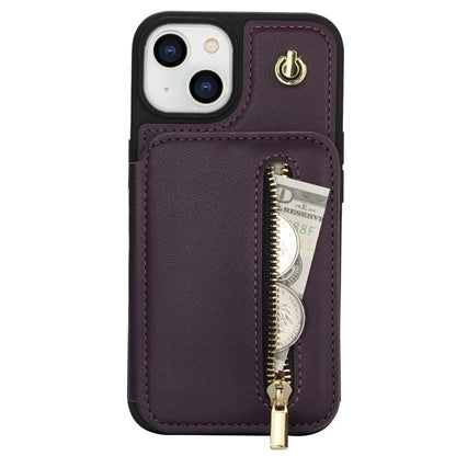 For iPhone 14 Plus Case Kickstand Zipper Pocket Leather+TPU Phone Cover