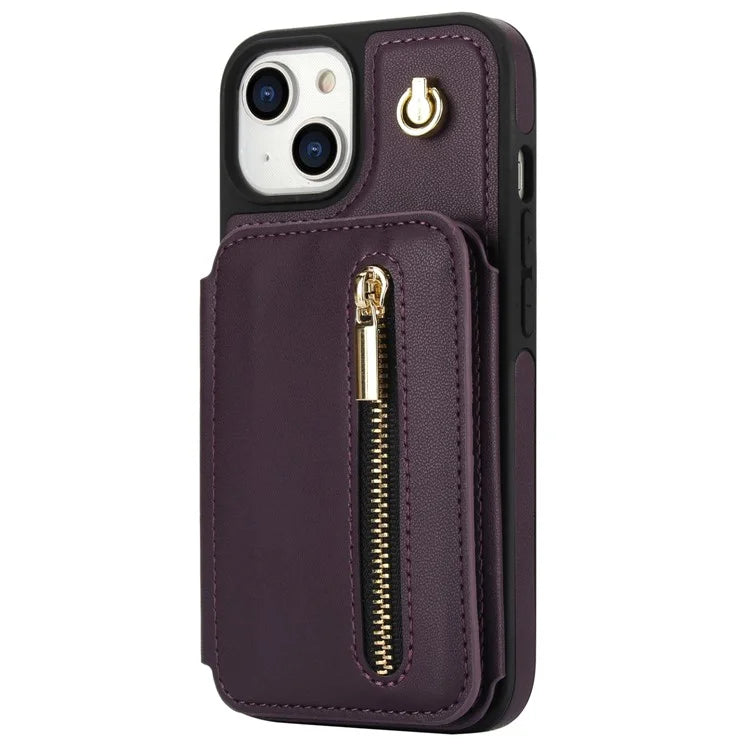 For iPhone 14 Plus Case Kickstand Zipper Pocket Leather+TPU Phone Cover