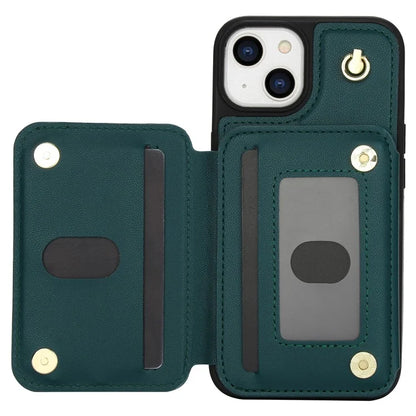 For iPhone 13 Case Zipper Pocket Kickstand Leather+TPU Phone Cover with 2 Straps