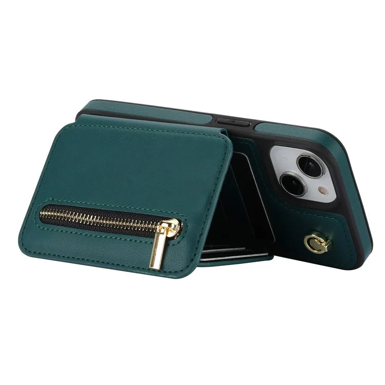 For iPhone 13 Case Zipper Pocket Kickstand Leather+TPU Phone Cover with 2 Straps