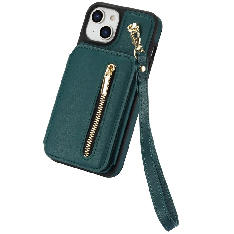 For iPhone 13 Case Zipper Pocket Kickstand Leather+TPU Phone Cover with 2 Straps