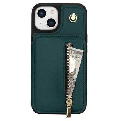 For iPhone 13 Case Zipper Pocket Kickstand Leather+TPU Phone Cover with 2 Straps