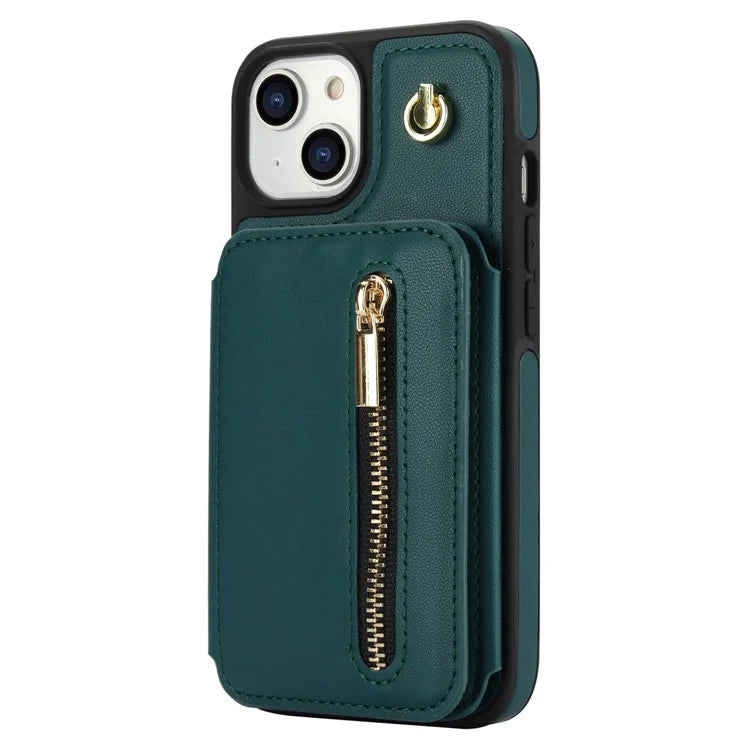For iPhone 13 Case Zipper Pocket Kickstand Leather+TPU Phone Cover with 2 Straps