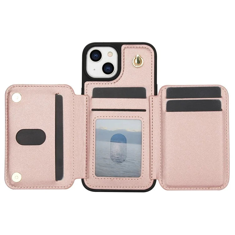 For iPhone 13 Case Zipper Pocket Kickstand Leather+TPU Phone Cover with 2 Straps