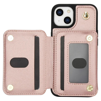 For iPhone 13 Case Zipper Pocket Kickstand Leather+TPU Phone Cover with 2 Straps