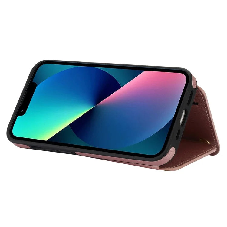 For iPhone 13 Case Zipper Pocket Kickstand Leather+TPU Phone Cover with 2 Straps