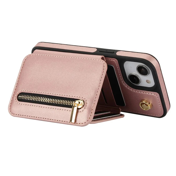 For iPhone 13 Case Zipper Pocket Kickstand Leather+TPU Phone Cover with 2 Straps