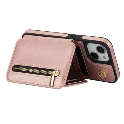 For iPhone 13 Case Zipper Pocket Kickstand Leather+TPU Phone Cover with 2 Straps