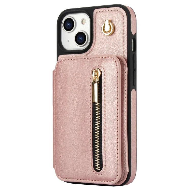 For iPhone 13 Case Zipper Pocket Kickstand Leather+TPU Phone Cover with 2 Straps