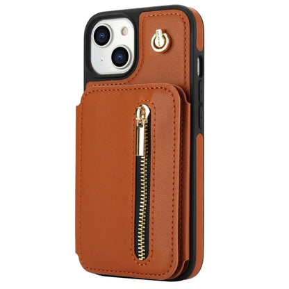 For iPhone 13 Case Zipper Pocket Kickstand Leather+TPU Phone Cover with 2 Straps
