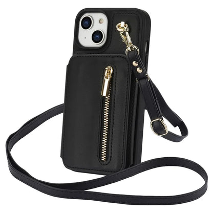For iPhone 13 Case Zipper Pocket Kickstand Leather+TPU Phone Cover with 2 Straps