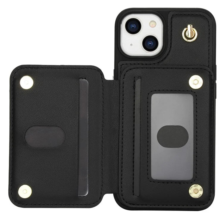 For iPhone 13 Case Zipper Pocket Kickstand Leather+TPU Phone Cover with 2 Straps