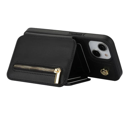 For iPhone 13 Case Zipper Pocket Kickstand Leather+TPU Phone Cover with 2 Straps