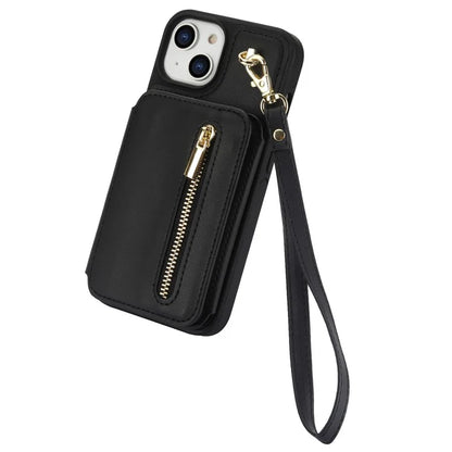 For iPhone 13 Case Zipper Pocket Kickstand Leather+TPU Phone Cover with 2 Straps