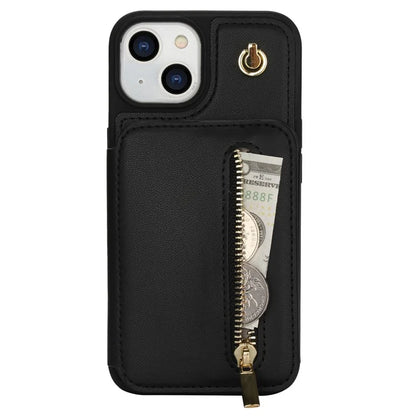 For iPhone 13 Case Zipper Pocket Kickstand Leather+TPU Phone Cover with 2 Straps