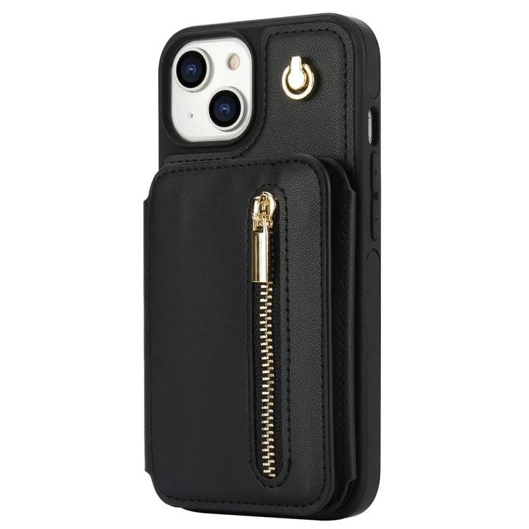 For iPhone 13 Case Zipper Pocket Kickstand Leather+TPU Phone Cover with 2 Straps
