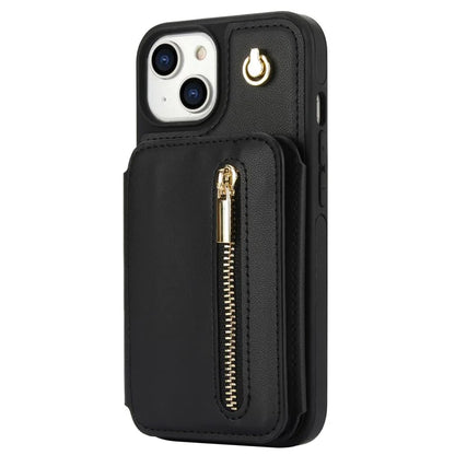 For iPhone 13 Case Zipper Pocket Kickstand Leather+TPU Phone Cover with 2 Straps