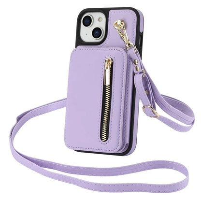 For iPhone 13 Case Zipper Pocket Kickstand Leather+TPU Phone Cover with 2 Straps