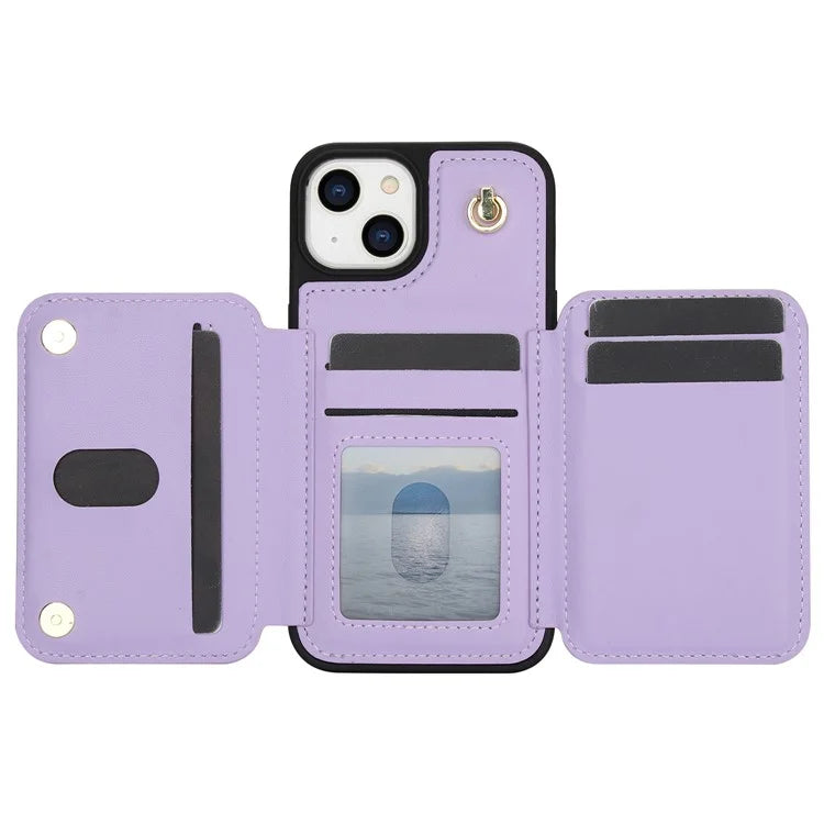 For iPhone 13 Case Zipper Pocket Kickstand Leather+TPU Phone Cover with 2 Straps