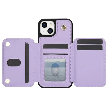 For iPhone 13 Case Zipper Pocket Kickstand Leather+TPU Phone Cover with 2 Straps