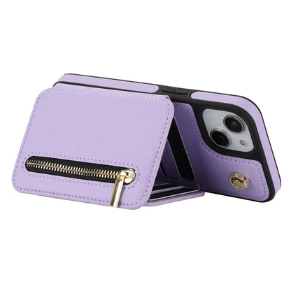 For iPhone 13 Case Zipper Pocket Kickstand Leather+TPU Phone Cover with 2 Straps