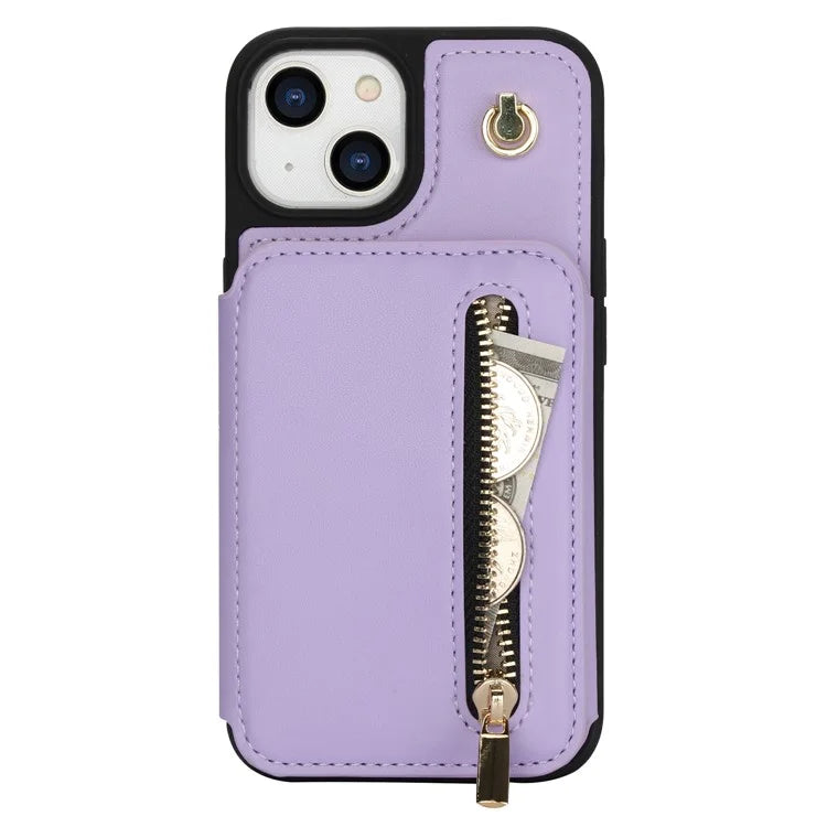 For iPhone 13 Case Zipper Pocket Kickstand Leather+TPU Phone Cover with 2 Straps