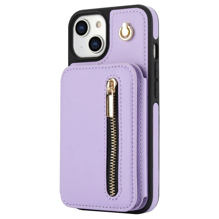 For iPhone 13 Case Zipper Pocket Kickstand Leather+TPU Phone Cover with 2 Straps