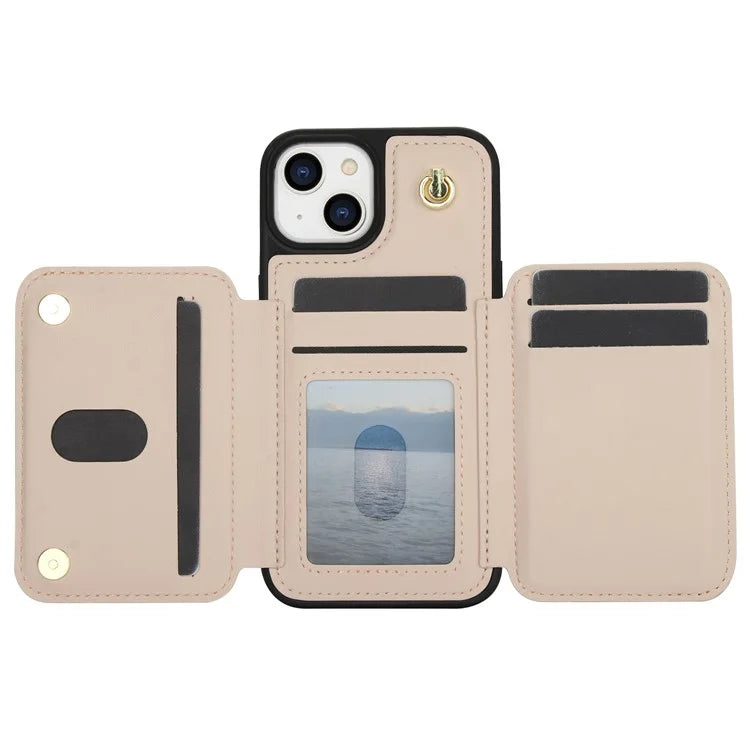 For iPhone 13 Case Zipper Pocket Kickstand Leather+TPU Phone Cover with 2 Straps