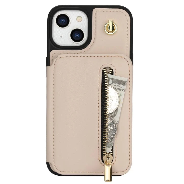 For iPhone 13 Case Zipper Pocket Kickstand Leather+TPU Phone Cover with 2 Straps