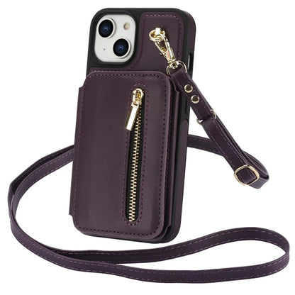 For iPhone 13 Case Zipper Pocket Kickstand Leather+TPU Phone Cover with 2 Straps