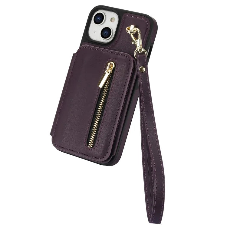 For iPhone 13 Case Zipper Pocket Kickstand Leather+TPU Phone Cover with 2 Straps