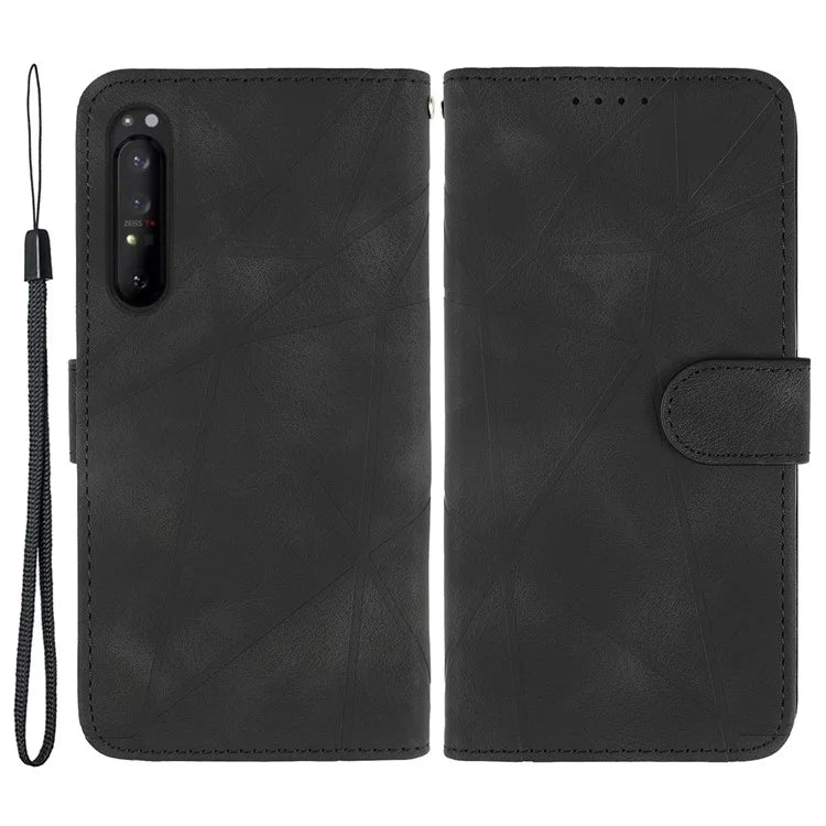 For Sony Xperia 1 IV 5G Case Line Pattern Leather Phone Cover Magnetic Clasp Stand