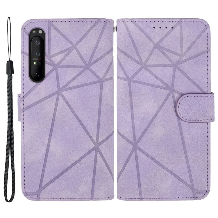 For Sony Xperia 1 IV 5G Case Line Pattern Leather Phone Cover Magnetic Clasp Stand