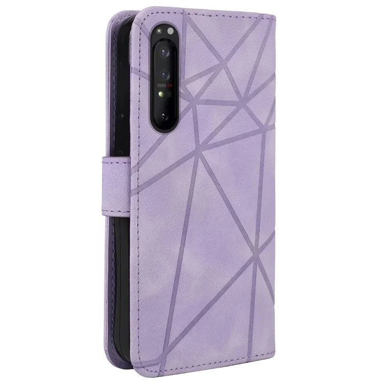 For Sony Xperia 1 IV 5G Case Line Pattern Leather Phone Cover Magnetic Clasp Stand