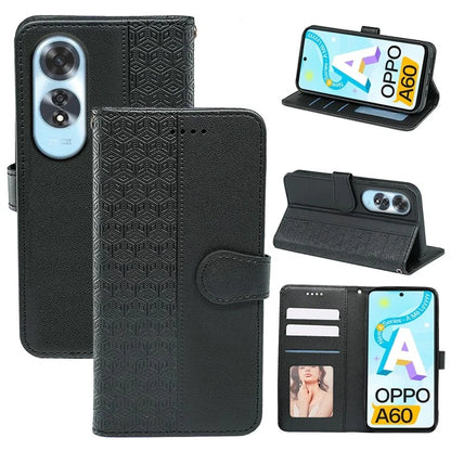 For Oppo A60 4G Case Cubic Grid Imprinted PU Leather Phone Cover Horizontal Flip