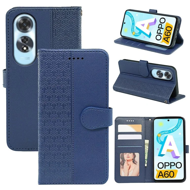For Oppo A60 4G Case Cubic Grid Imprinted PU Leather Phone Cover Horizontal Flip
