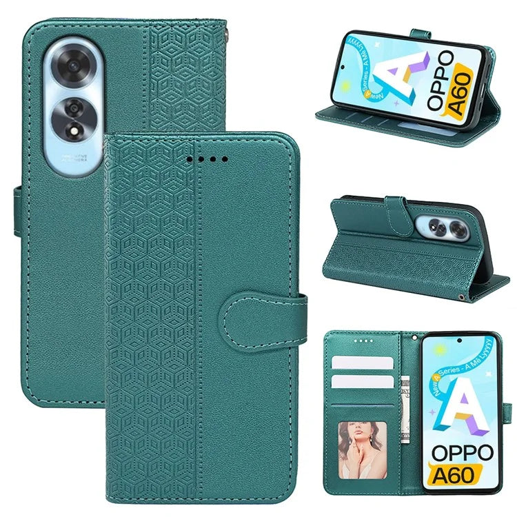 For Oppo A60 4G Case Cubic Grid Imprinted PU Leather Phone Cover Horizontal Flip
