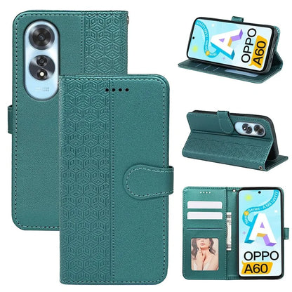 For Oppo A60 4G Case Cubic Grid Imprinted PU Leather Phone Cover Horizontal Flip